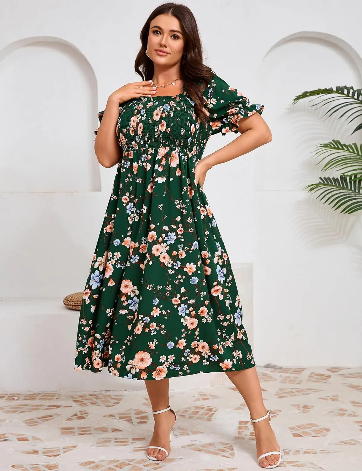 KOJOOIN Womens Puff Sleeve Summer Floral Dress Plus Size Smocked Ruffle Square Neck Casual Dress Cute Midi Dress