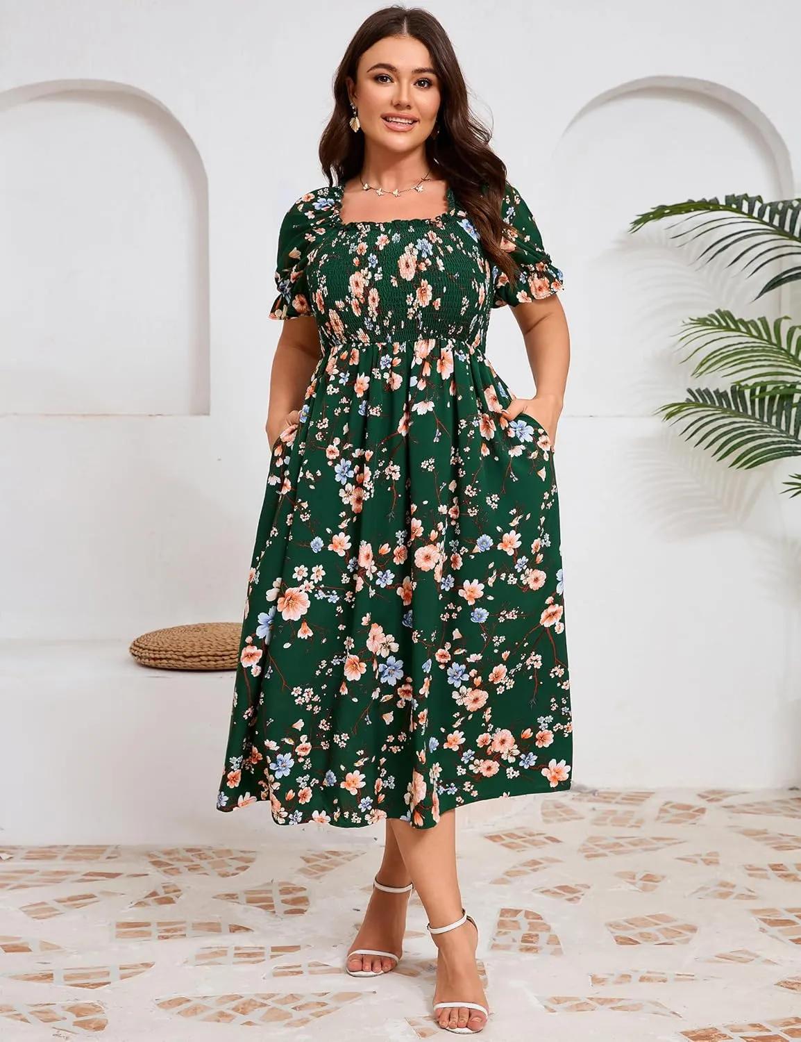 KOJOOIN Womens Puff Sleeve Summer Floral Dress Plus Size Smocked Ruffle Square Neck Casual Dress Cute Midi Dress