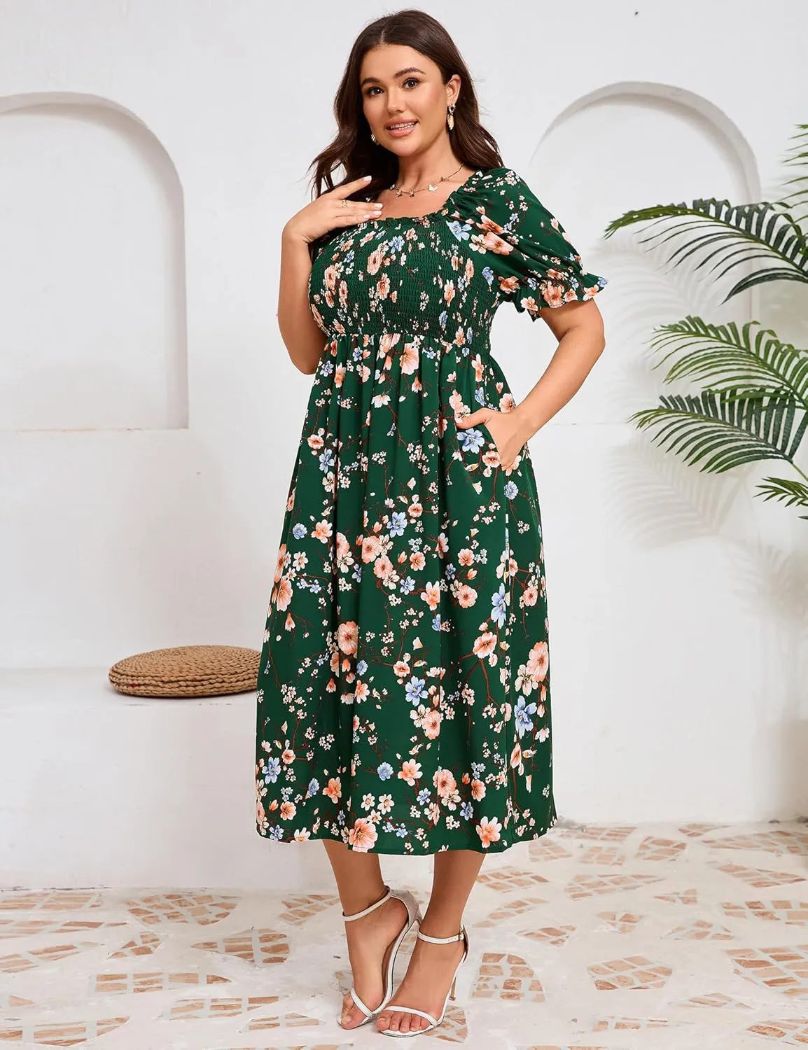 KOJOOIN Womens Puff Sleeve Summer Floral Dress Plus Size Smocked Ruffle Square Neck Casual Dress Cute Midi Dress
