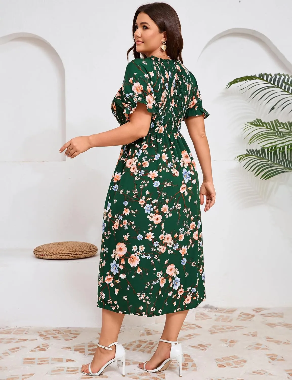 KOJOOIN Womens Puff Sleeve Summer Floral Dress Plus Size Smocked Ruffle Square Neck Casual Dress Cute Midi Dress