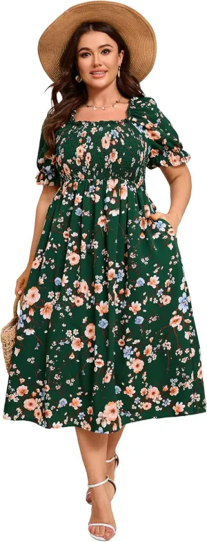 KOJOOIN Womens Puff Sleeve Summer Floral Dress Plus Size Smocked Ruffle Square Neck Casual Dress Cute Midi Dress