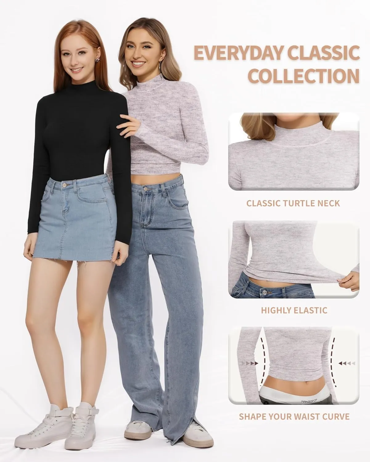 MANGOPOP Women's Turtle Neck T-Shirt Long Sleeve Thermal Underwear Top Hourglass Shaped Slim Fit Top