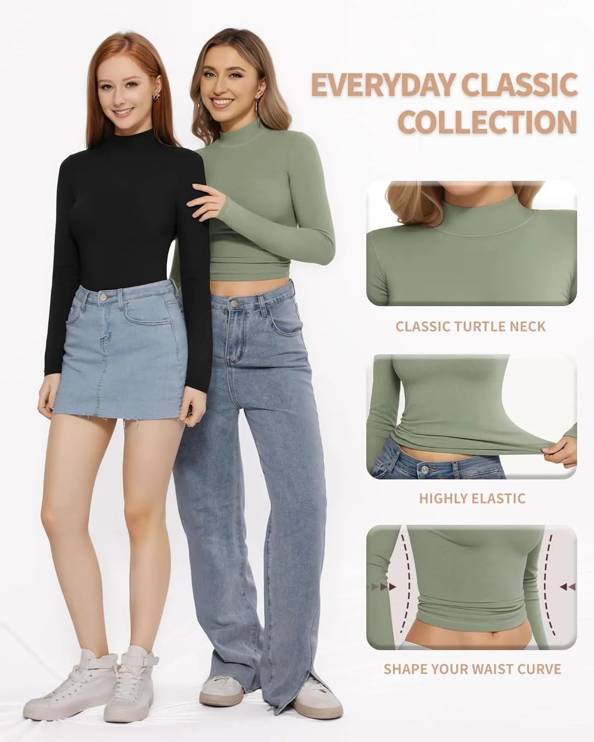 MANGOPOP Women's Turtle Neck T-Shirt Long Sleeve Thermal Underwear Top Hourglass Shaped Slim Fit Top