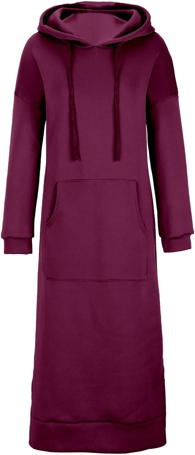 Maxi Hooded Dress for Women Split Hem Hooded Long Sweatshirt Dress with Pockets Long Hoodies 2023 Fall Fashion