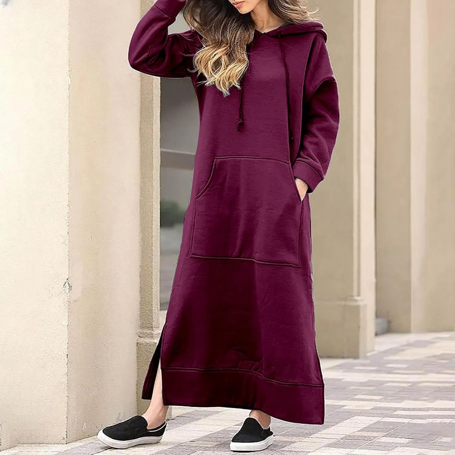Maxi Hooded Dress for Women Split Hem Hooded Long Sweatshirt Dress with Pockets Long Hoodies 2023 Fall Fashion