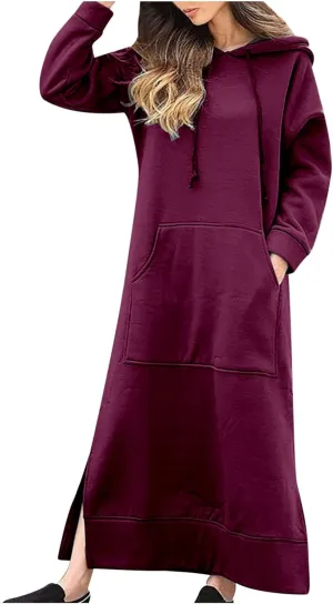 Maxi Hooded Dress for Women Split Hem Hooded Long Sweatshirt Dress with Pockets Long Hoodies 2023 Fall Fashion