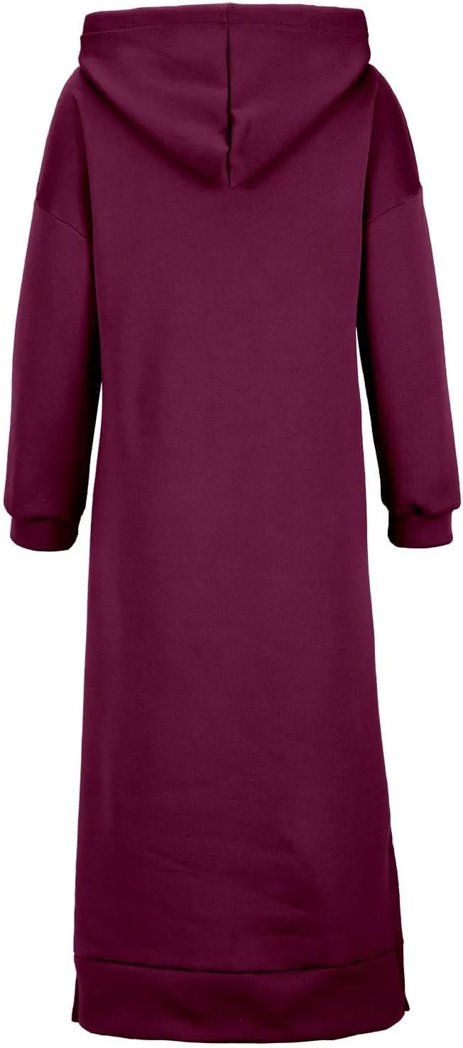 Maxi Hooded Dress for Women Split Hem Hooded Long Sweatshirt Dress with Pockets Long Hoodies 2023 Fall Fashion