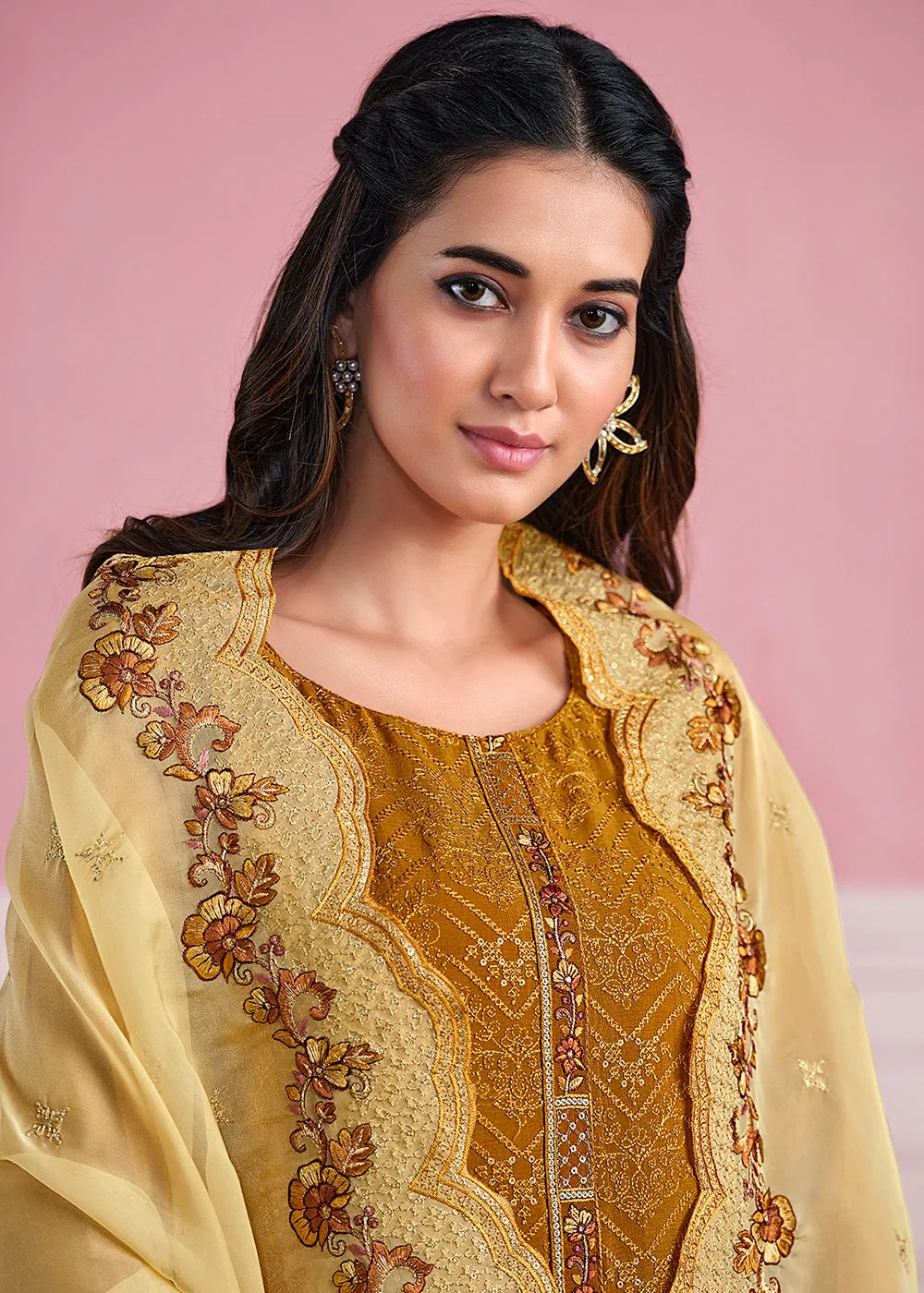 Mustard Chinnon Chiffon Chikankari Embroidered Wedding Salwar Suit