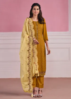 Mustard Chinnon Chiffon Chikankari Embroidered Wedding Salwar Suit