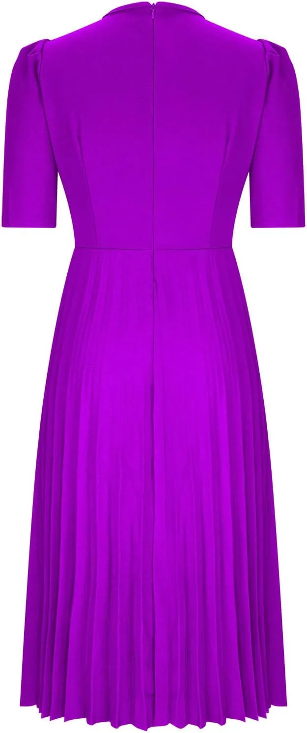 Oplxuo Women's Pleated Midi Dresses Puff Sleeve Crew Neck Solid Color A-Line Swing Formal Dress Fall Wedding Guest Dress