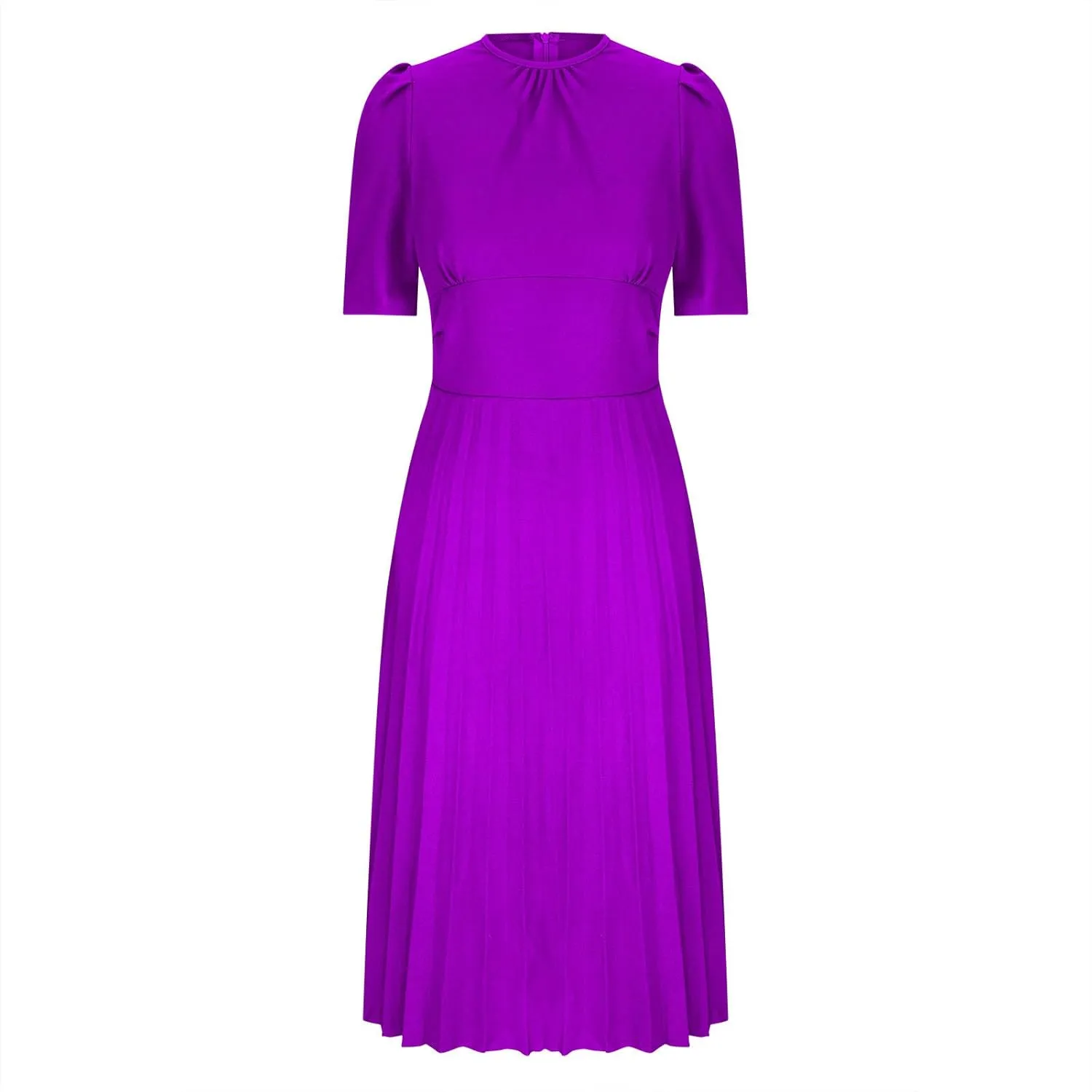Oplxuo Women's Pleated Midi Dresses Puff Sleeve Crew Neck Solid Color A-Line Swing Formal Dress Fall Wedding Guest Dress