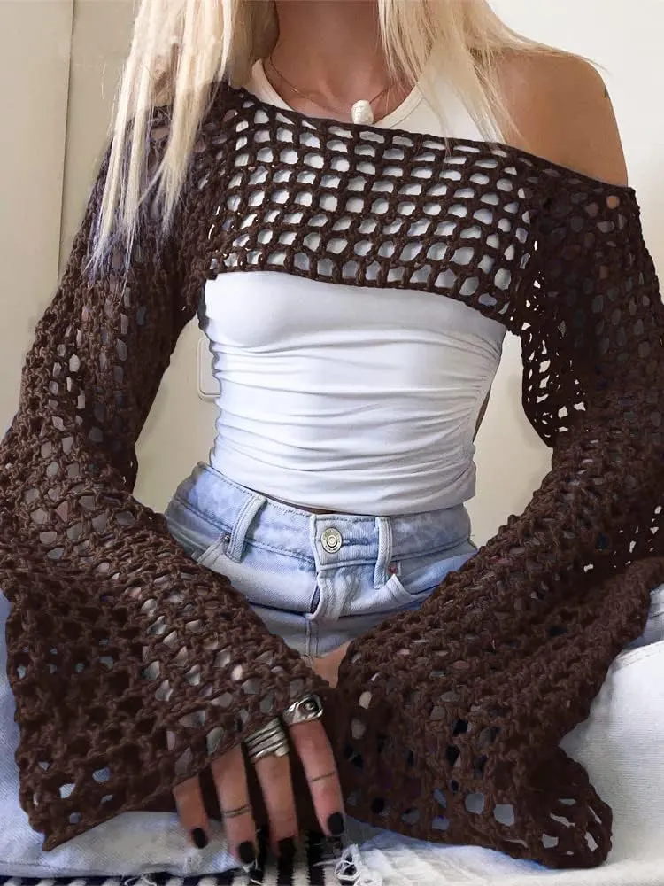 PICPUNMAK Women Grunge Crochet Knit See Through Crop Tops Cover Up Shrug Long Sleeve Crew Neck Casual Cropped Smock Top