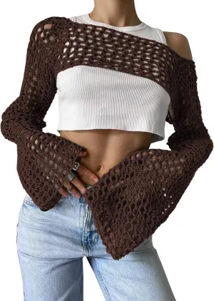 PICPUNMAK Women Grunge Crochet Knit See Through Crop Tops Cover Up Shrug Long Sleeve Crew Neck Casual Cropped Smock Top