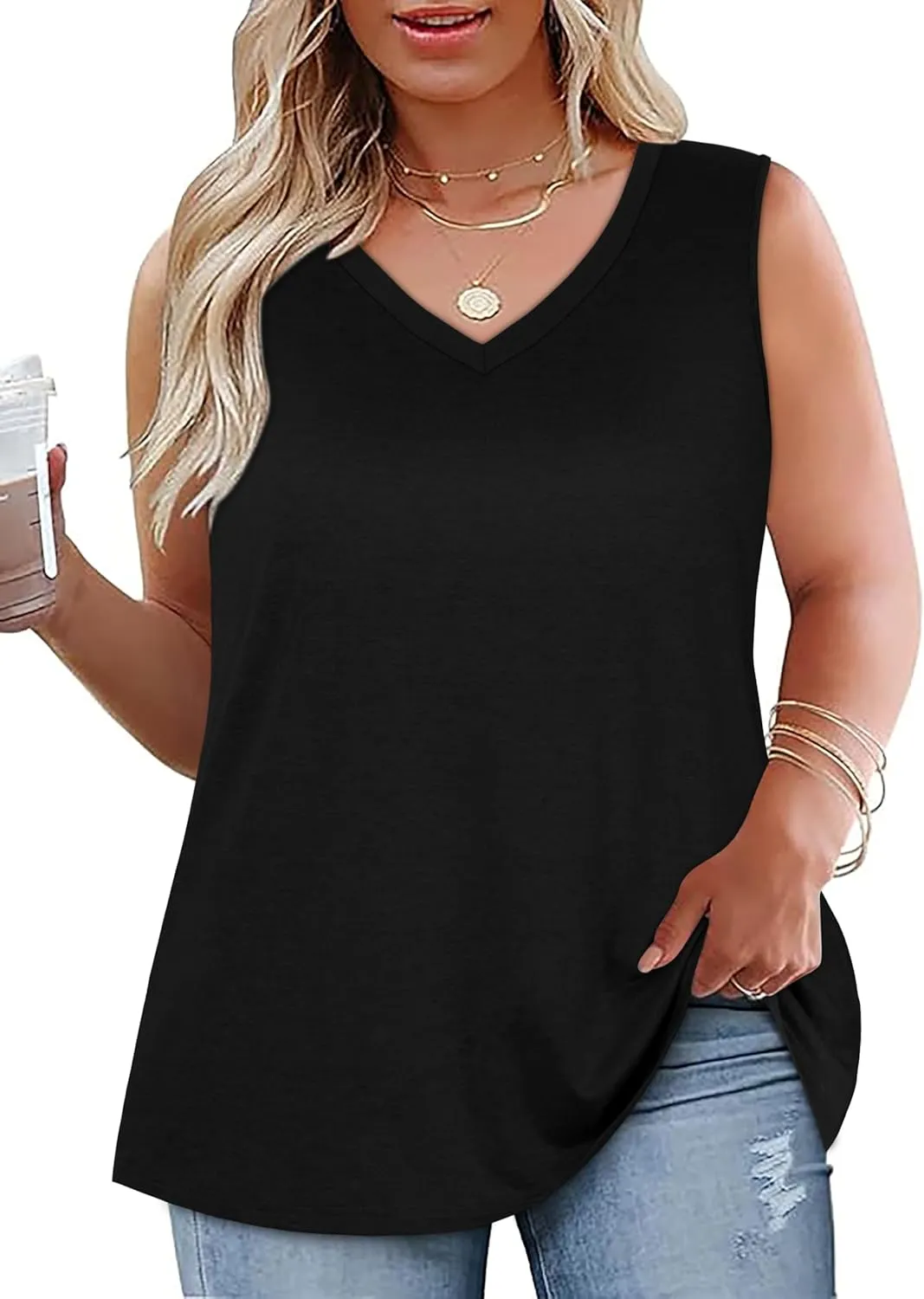 Plus Size Tanks Women Summer Top V Neck Sleeveless Top Loose Fit Tee Workout Shirts