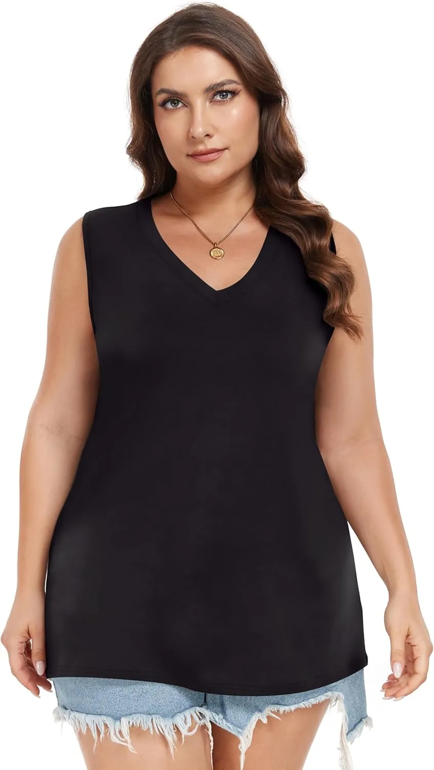 Plus Size Tanks Women Summer Top V Neck Sleeveless Top Loose Fit Tee Workout Shirts