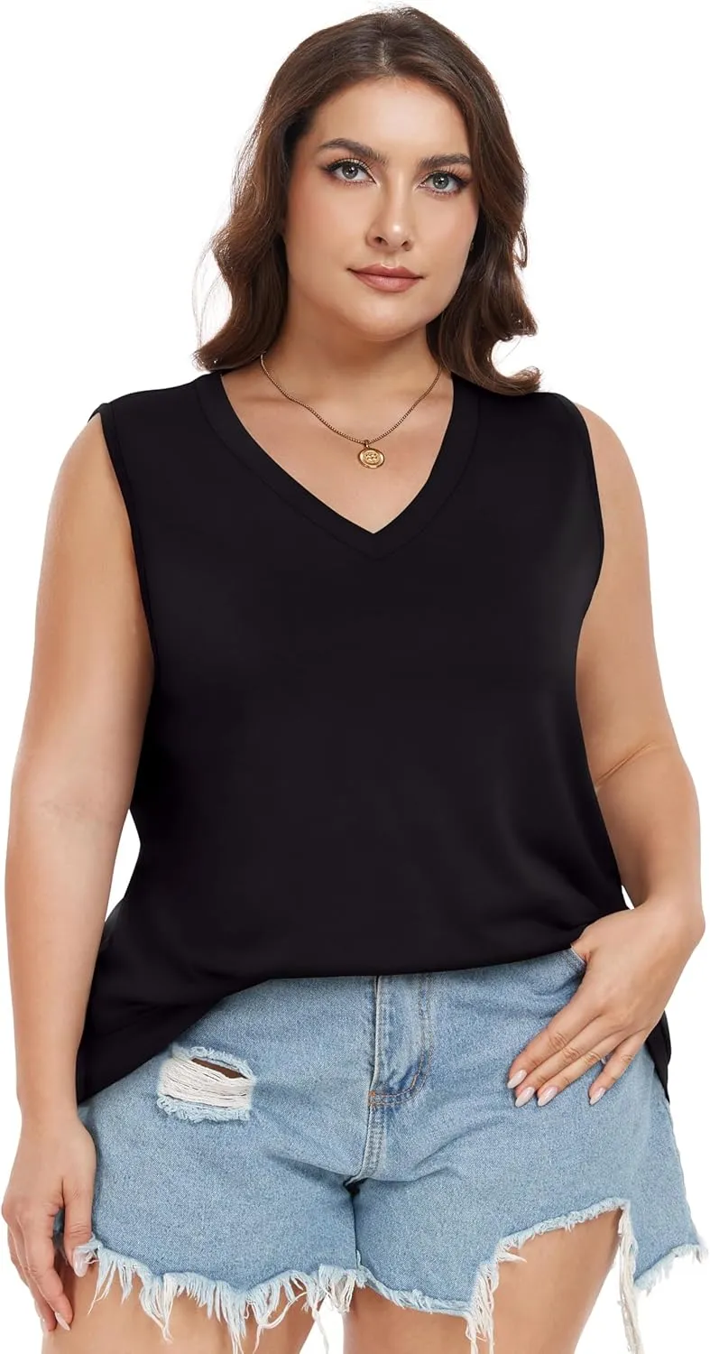 Plus Size Tanks Women Summer Top V Neck Sleeveless Top Loose Fit Tee Workout Shirts
