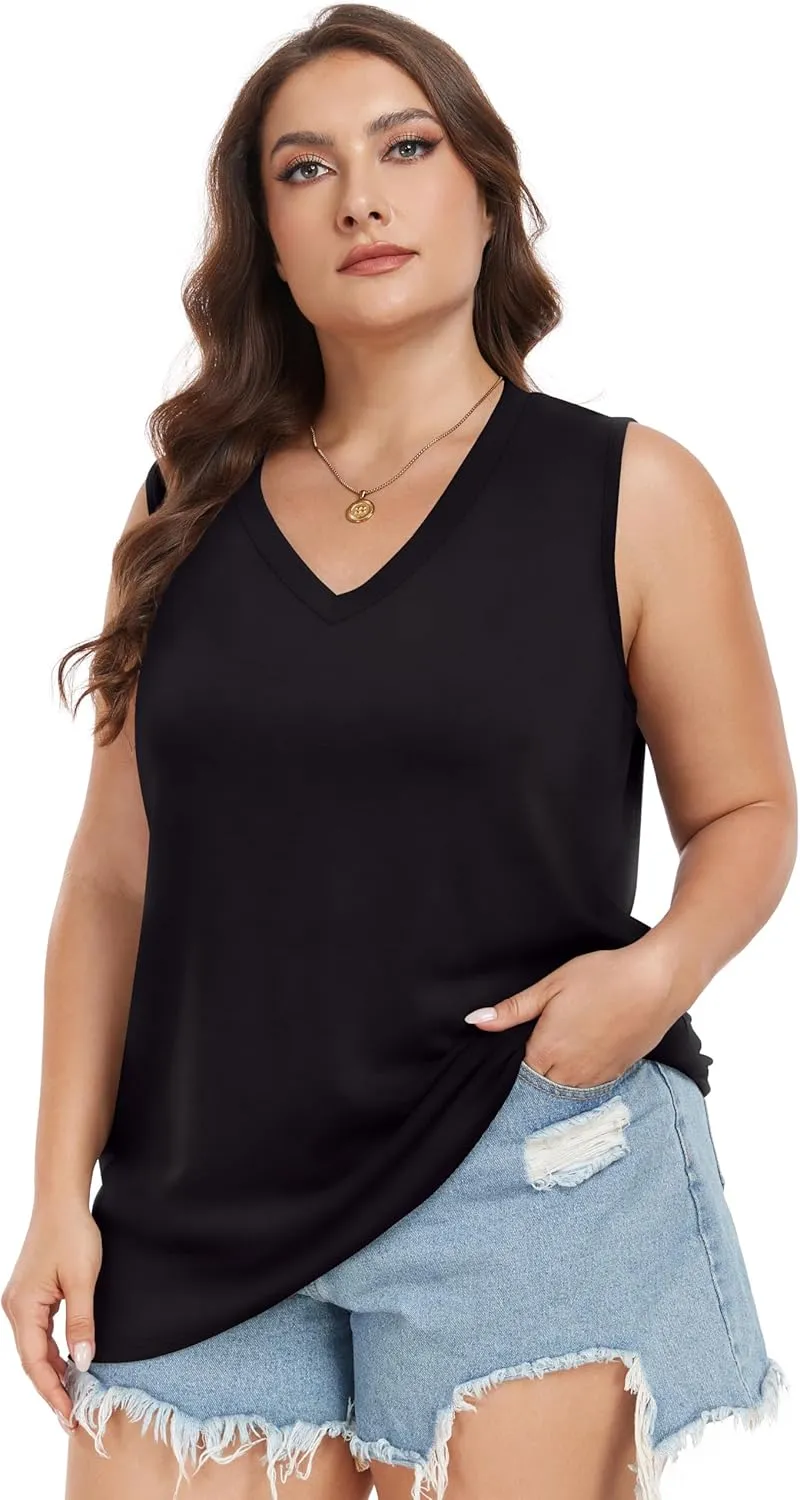 Plus Size Tanks Women Summer Top V Neck Sleeveless Top Loose Fit Tee Workout Shirts
