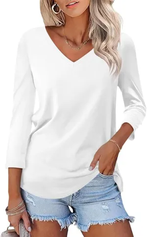 Poetsky Womens 3/4 Sleeve V Neck T Shirts Summer Casual Tops Basic Tees