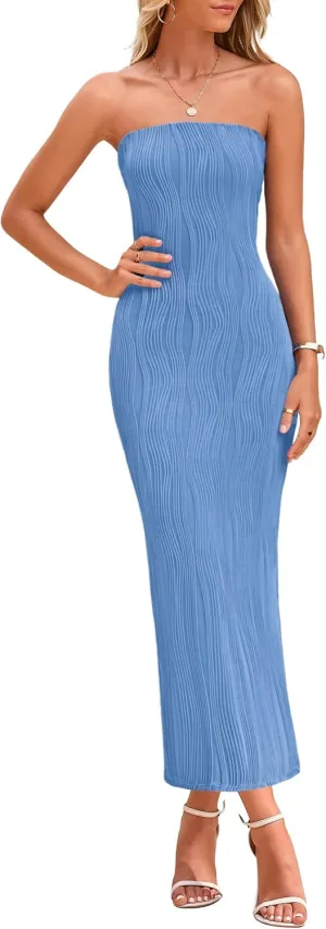 PRETTYGARDEN Womens Summer Maxi Dress Textured Bodycon Tube Off Shoulder Strapless Back Slit Long Party Dresses
