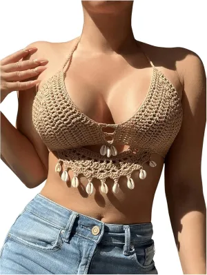 SHENHE Women's Crochet Cover Up Top Halter Shell Fringe Tie Backless Swimsuit Coverup Crop Top