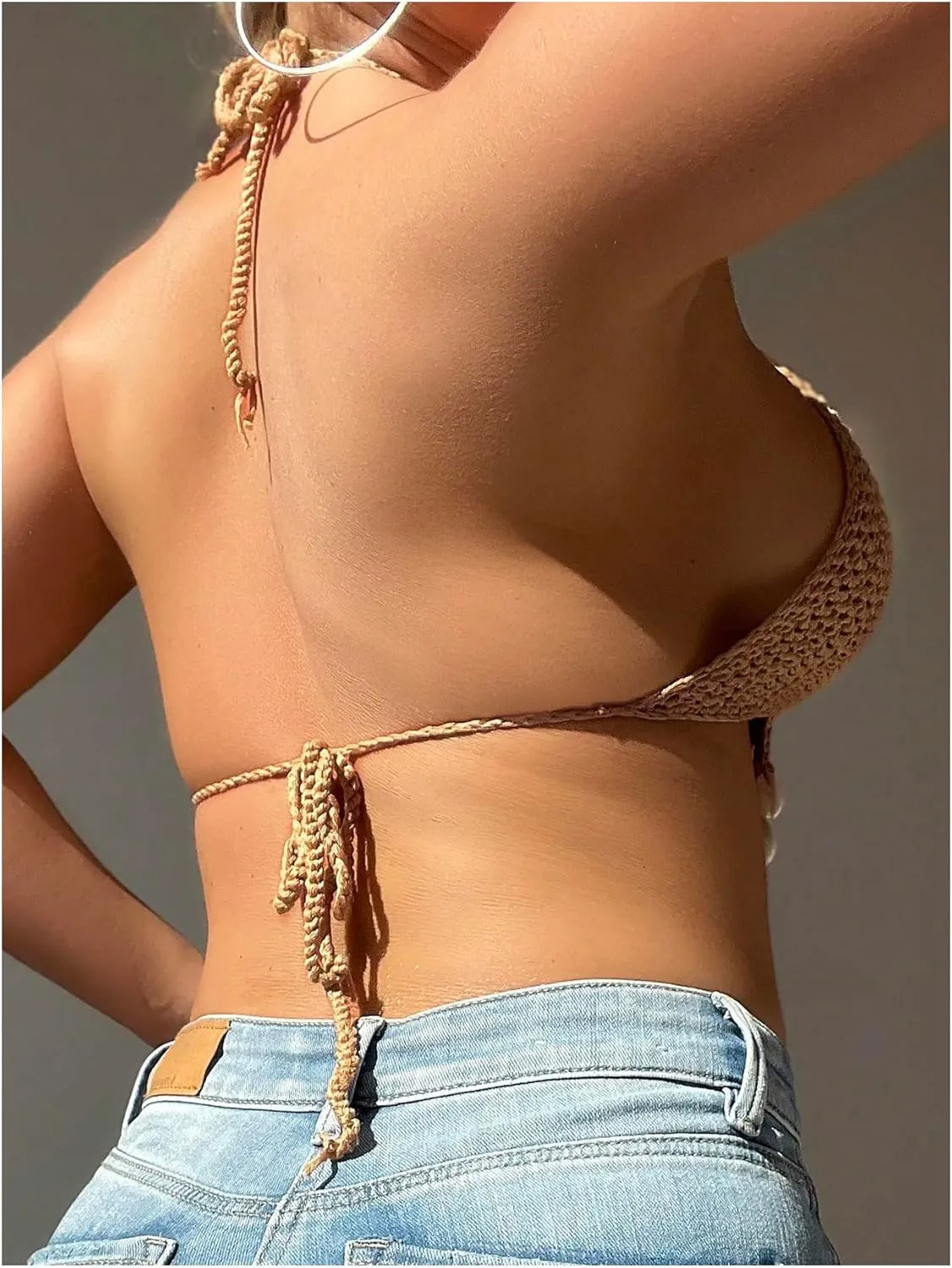 SHENHE Women's Crochet Cover Up Top Halter Shell Fringe Tie Backless Swimsuit Coverup Crop Top