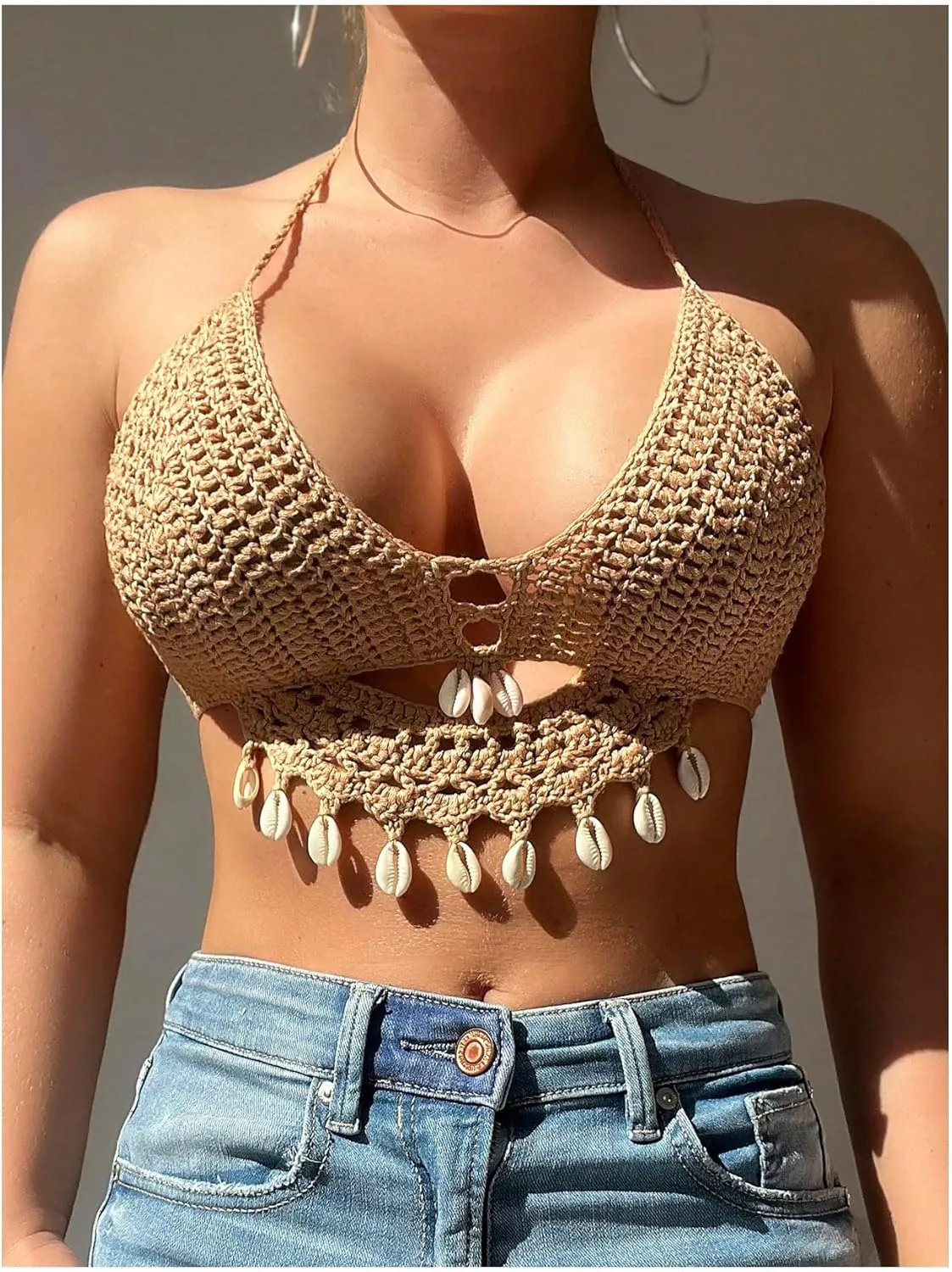 SHENHE Women's Crochet Cover Up Top Halter Shell Fringe Tie Backless Swimsuit Coverup Crop Top