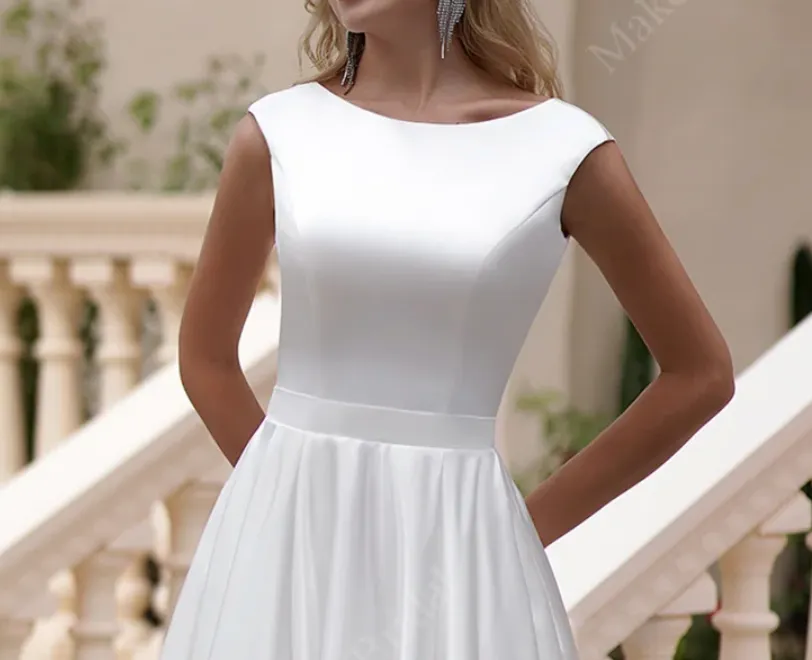 Simple Long Satin A-Line Wedding Dress With Pockets