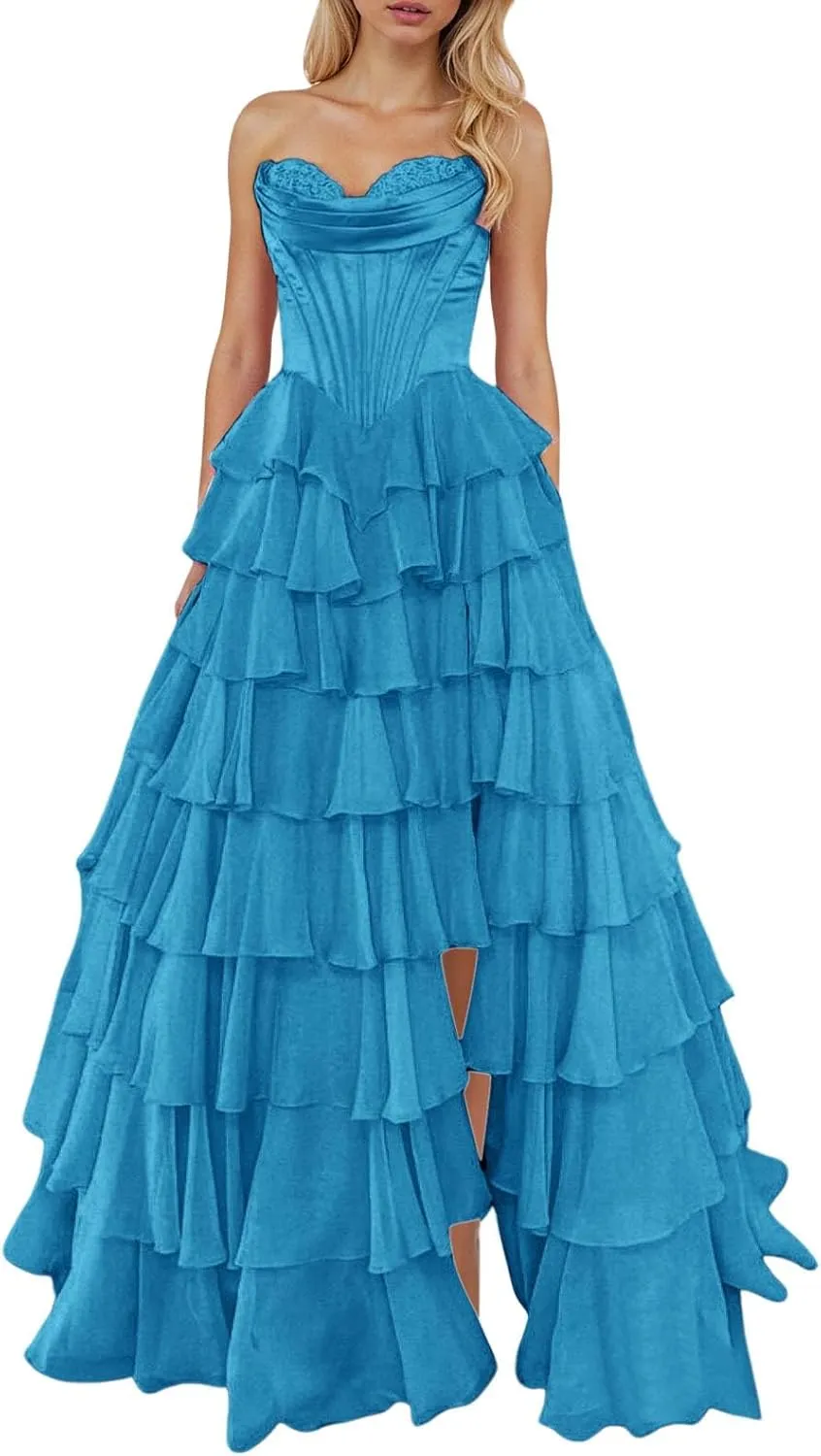 Strapless Corset Prom Dresses for Women Tiered Ruffle A Line Swing Long Dress Chiffon Slit Formal Evening Party Gown