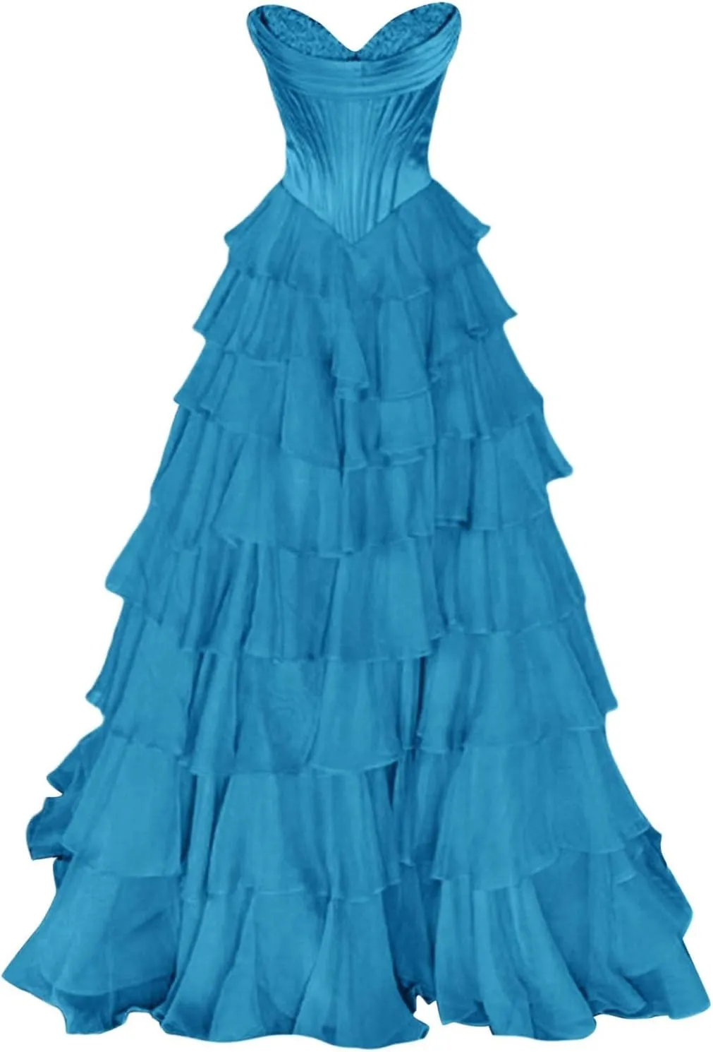 Strapless Corset Prom Dresses for Women Tiered Ruffle A Line Swing Long Dress Chiffon Slit Formal Evening Party Gown