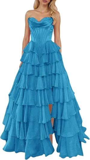 Strapless Corset Prom Dresses for Women Tiered Ruffle A Line Swing Long Dress Chiffon Slit Formal Evening Party Gown