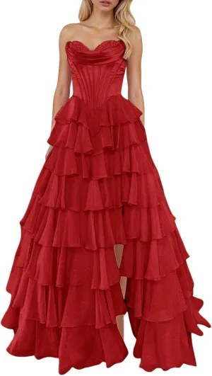 Strapless Corset Prom Dresses for Women Tiered Ruffle A Line Swing Long Dress Chiffon Slit Formal Evening Party Gown