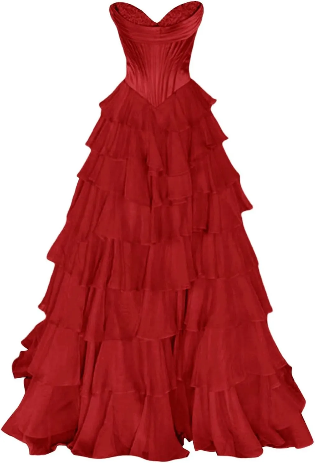 Strapless Corset Prom Dresses for Women Tiered Ruffle A Line Swing Long Dress Chiffon Slit Formal Evening Party Gown