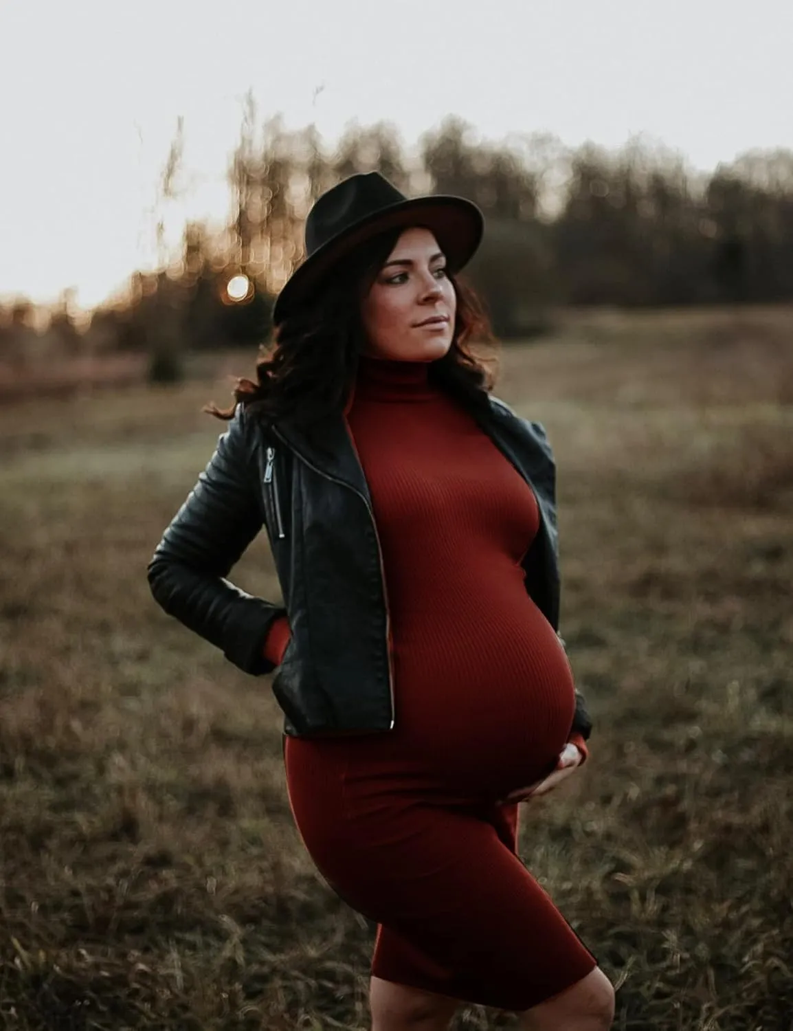 Turtleneck Maternity Dress Rib Knit Long Sleeve Photoshoot Baby Shower Dress Side Ruched Slit Pregnancy Sweater Dress
