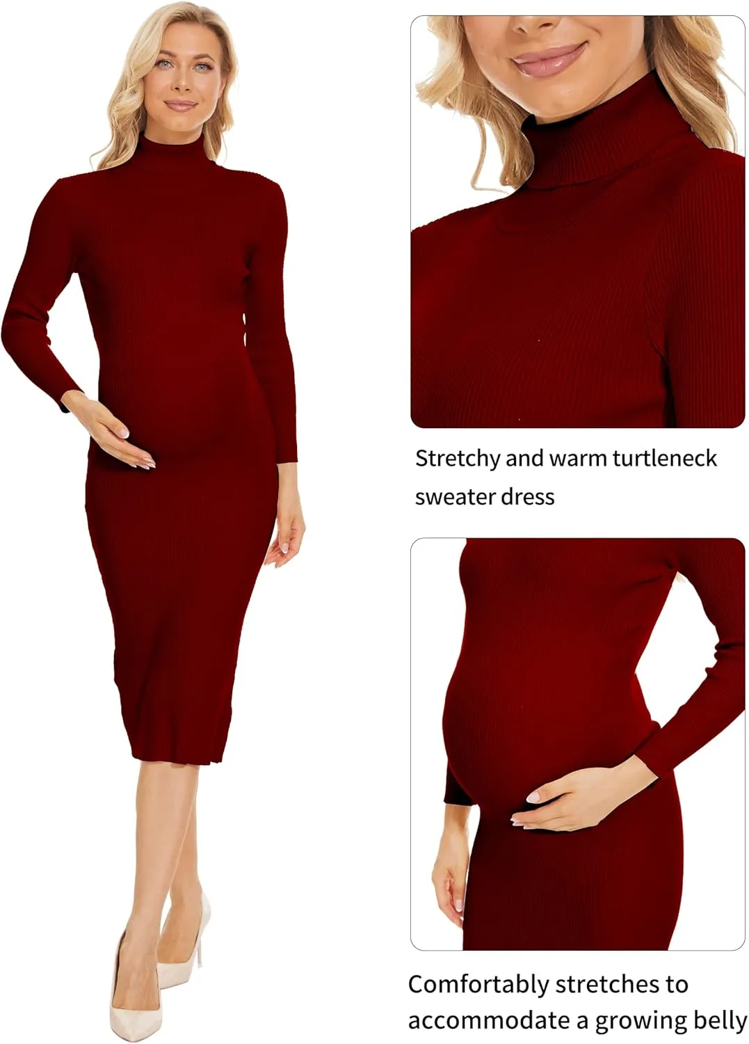 Turtleneck Maternity Dress Rib Knit Long Sleeve Photoshoot Baby Shower Dress Side Ruched Slit Pregnancy Sweater Dress