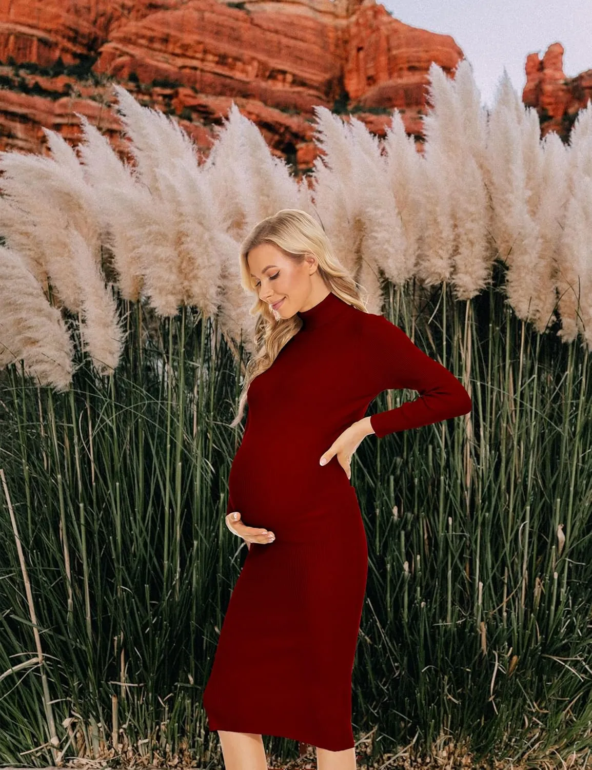 Turtleneck Maternity Dress Rib Knit Long Sleeve Photoshoot Baby Shower Dress Side Ruched Slit Pregnancy Sweater Dress