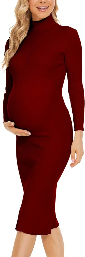 Turtleneck Maternity Dress Rib Knit Long Sleeve Photoshoot Baby Shower Dress Side Ruched Slit Pregnancy Sweater Dress