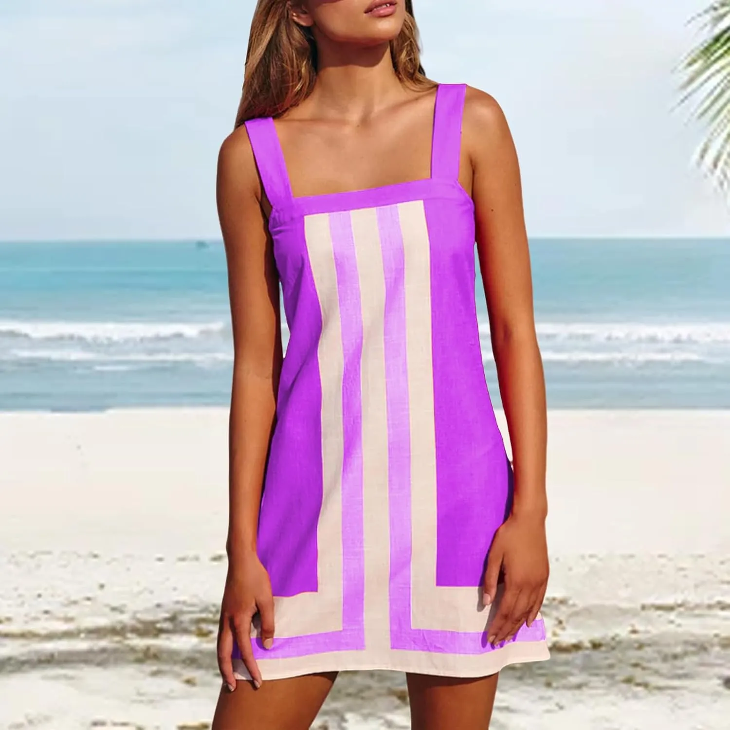 Vacation Dresses for Women 2025 Striped Mini Dresses Square Neck Strap Sleeveless Dress Color Block Cover Up Dress