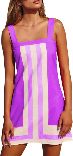 Vacation Dresses for Women 2025 Striped Mini Dresses Square Neck Strap Sleeveless Dress Color Block Cover Up Dress