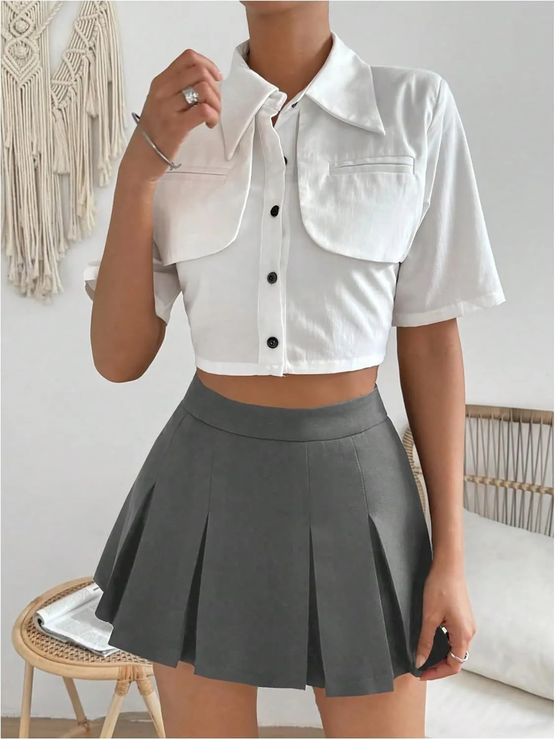 WDIRARA Women's High Waisted Pleated Skirt Skater A Line Mini Uniform Skirt