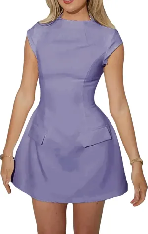 Women Cap Sleeve Mini Dress Mock Neck High Waist Short Aline Dress Flap Pocket Warp Bodycon Dress Commuting