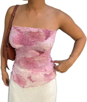 Women Floral Tube Top Strapless Off Shoulder Crop Shirt Y2k Aesthetic Graphic Print Bandeau Mesh Top
