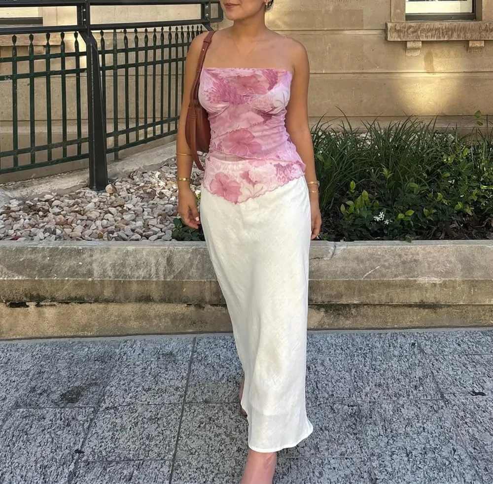 Women Floral Tube Top Strapless Off Shoulder Crop Shirt Y2k Aesthetic Graphic Print Bandeau Mesh Top