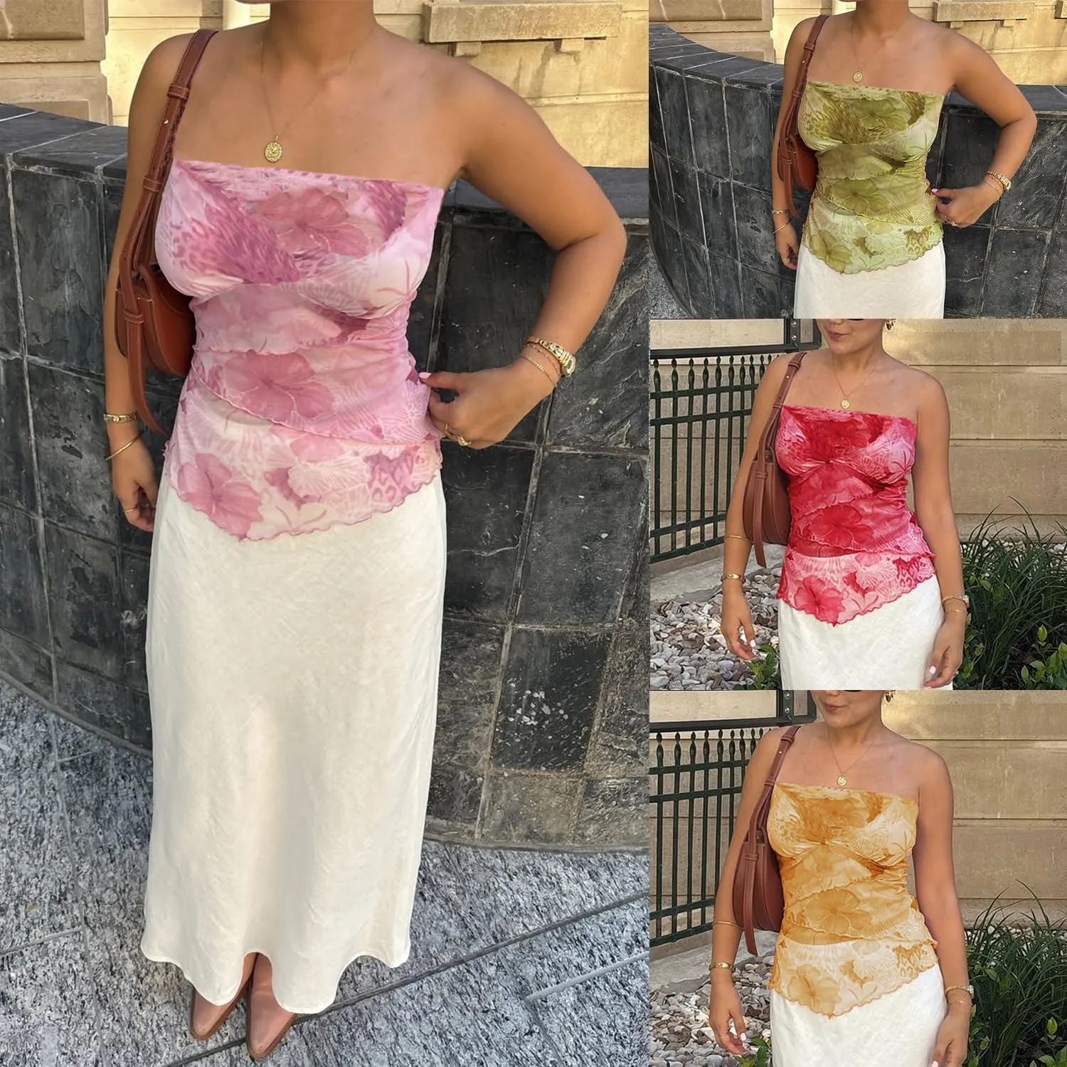 Women Floral Tube Top Strapless Off Shoulder Crop Shirt Y2k Aesthetic Graphic Print Bandeau Mesh Top