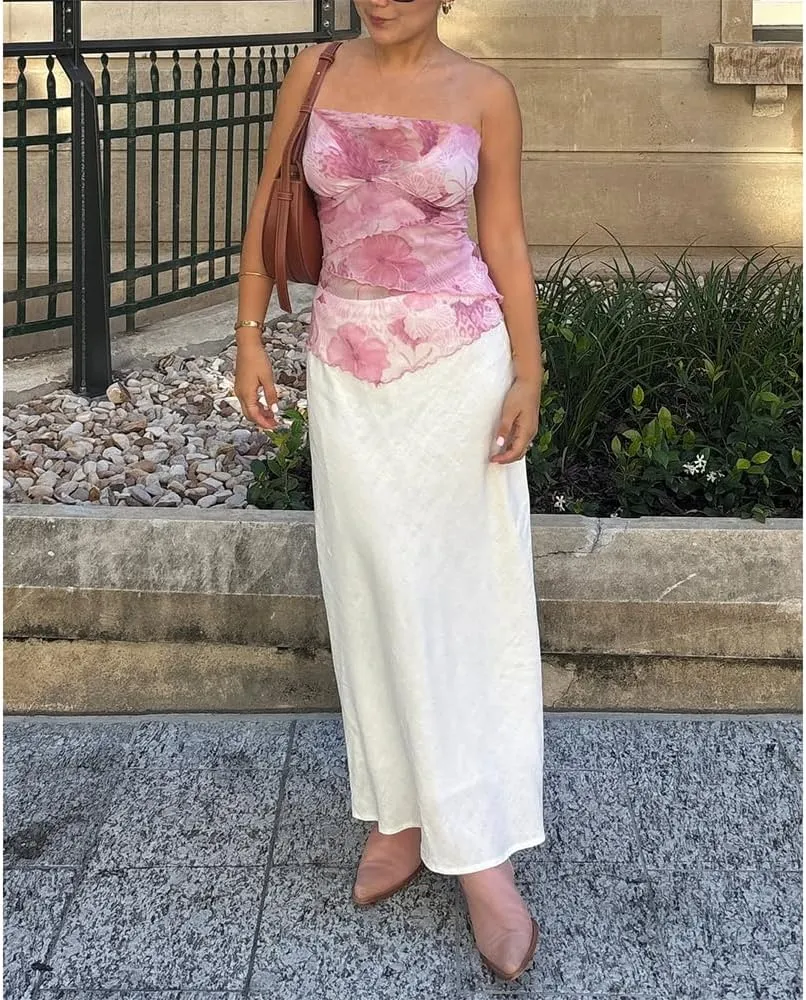 Women Floral Tube Top Strapless Off Shoulder Crop Shirt Y2k Aesthetic Graphic Print Bandeau Mesh Top