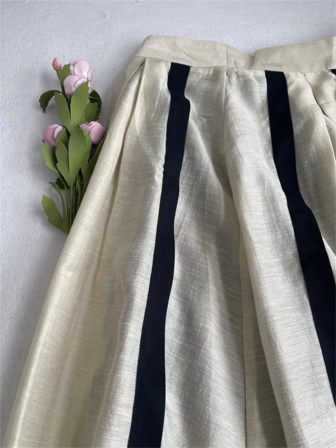 Women French Style in Skirt Elegant A-LINE Pleated Striped Splicing Hepburn Skirt
