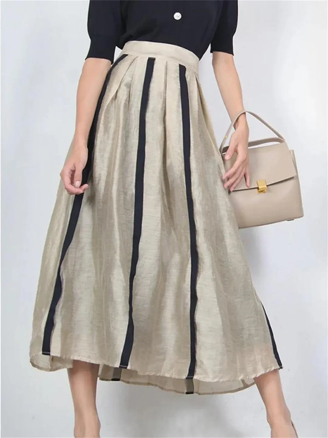 Women French Style in Skirt Elegant A-LINE Pleated Striped Splicing Hepburn Skirt