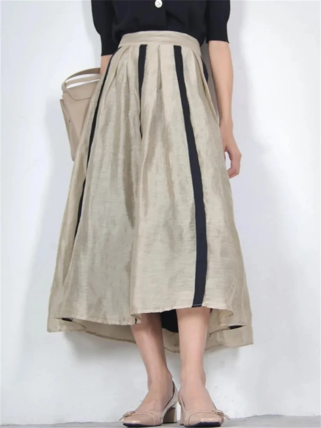 Women French Style in Skirt Elegant A-LINE Pleated Striped Splicing Hepburn Skirt