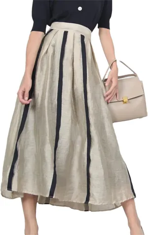 Women French Style in Skirt Elegant A-LINE Pleated Striped Splicing Hepburn Skirt