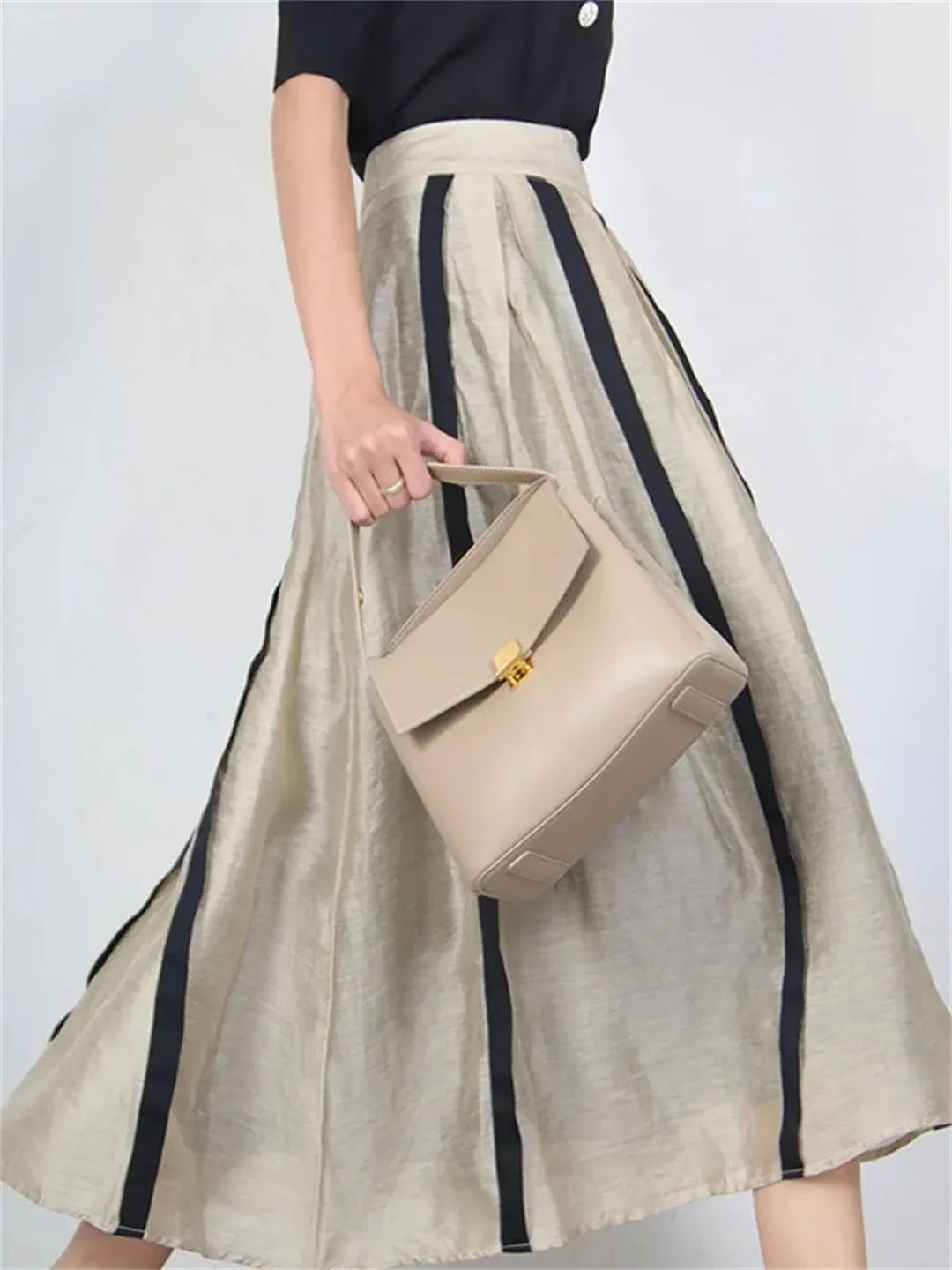 Women French Style in Skirt Elegant A-LINE Pleated Striped Splicing Hepburn Skirt