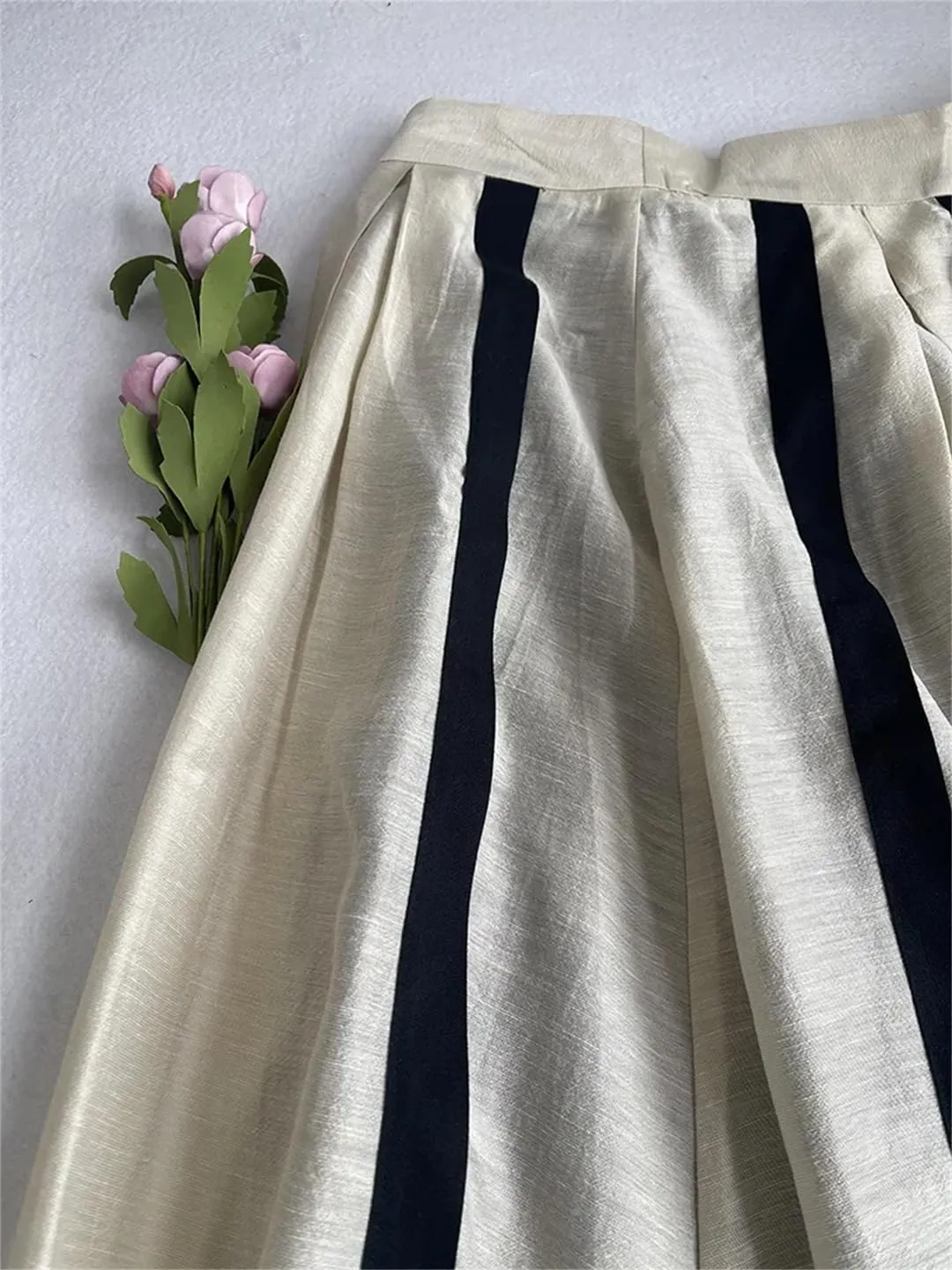 Women French Style in Skirt Elegant A-LINE Pleated Striped Splicing Hepburn Skirt